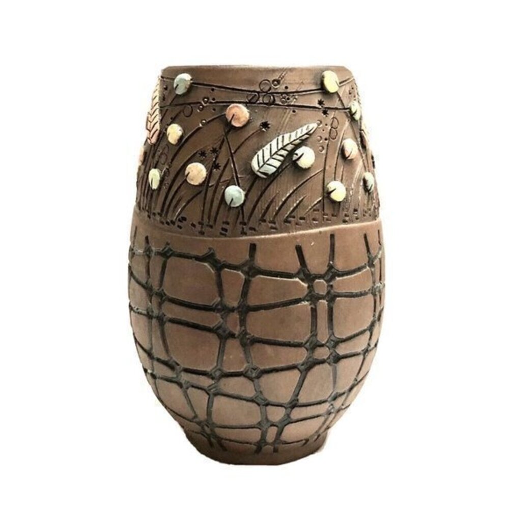 Studio Art Pottery Vase Embossed And Etched Flowers 7.5”
